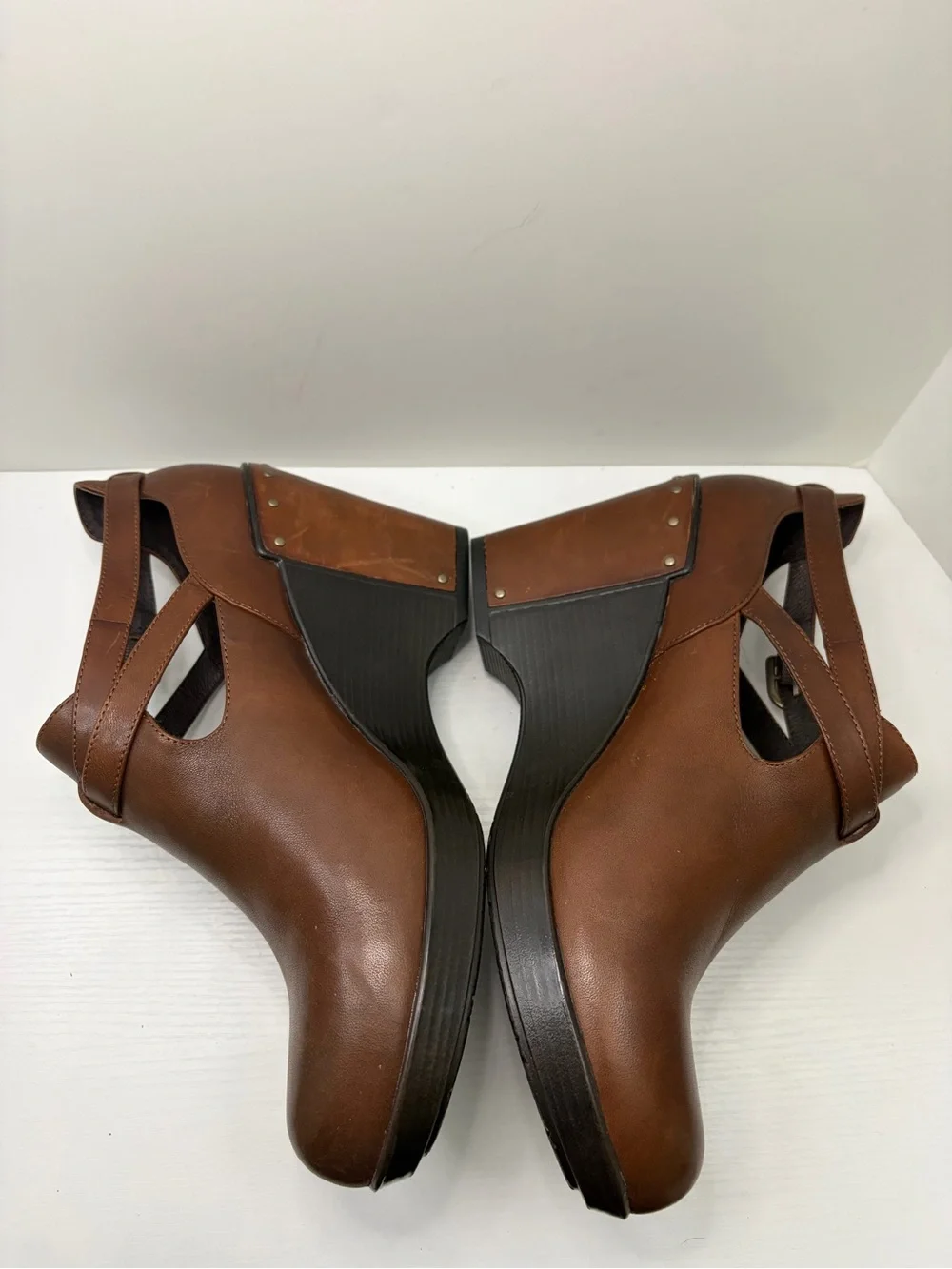 Dansko Franka Brown Leather Wedge Booties Side Cutouts Buckle Strap Size 41